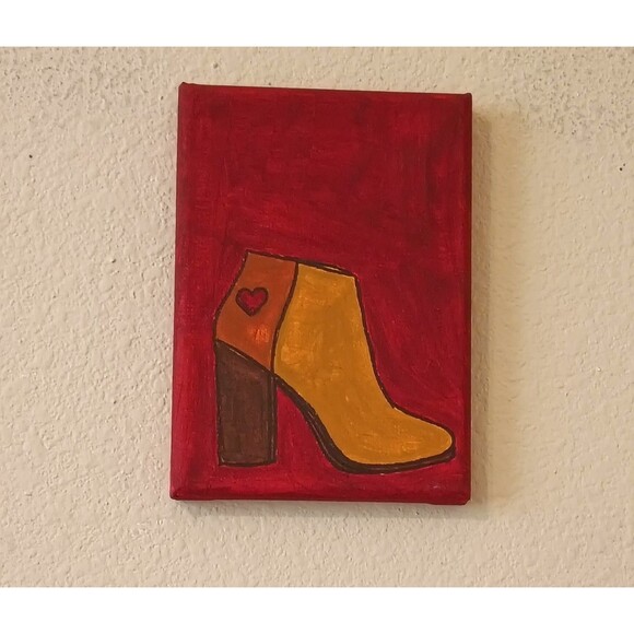 Handpainted Brown High Heel Boot Acrylic Painting On Canvas Wall Decor 5x7" - Picture 1 of 2